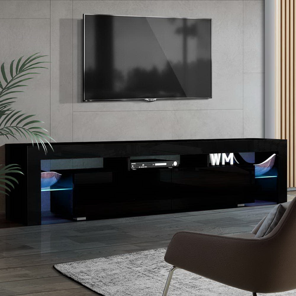 Moderne TV Meubel met RGB LED Verlichting 189 cm – Zwart Hoogglans Entertainment Unit met Lades en Glazen Plank