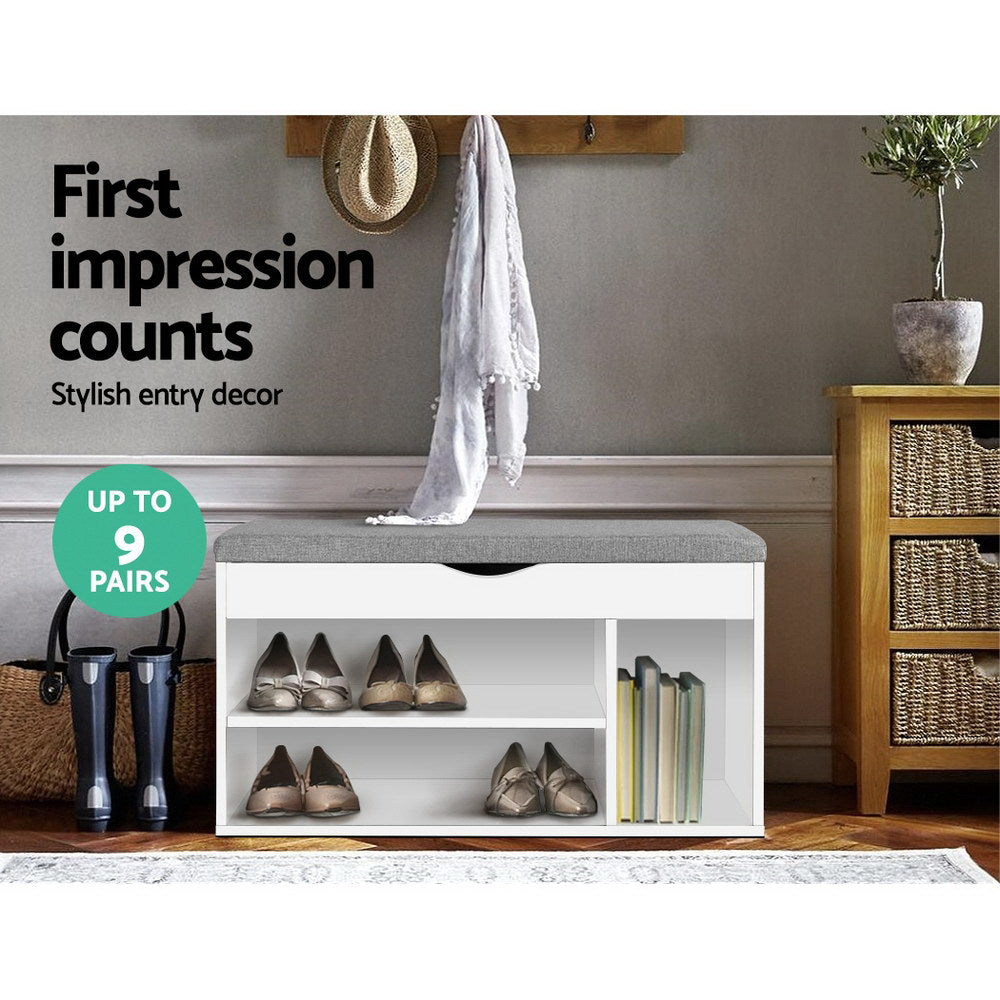 Schoenenbank met Opbergruimte en Zitkussen – Witte Schoenenkast voor 9 Paar 80 cm