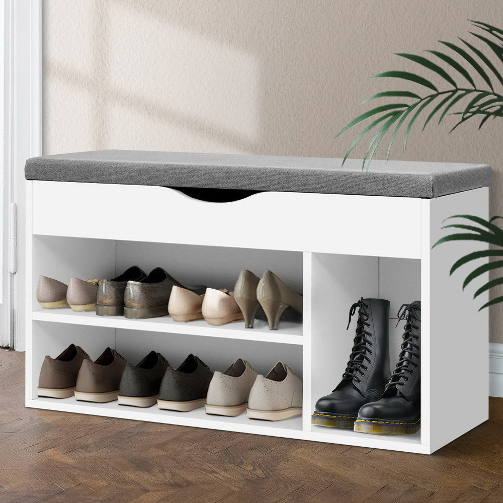 Schoenenbank met Opbergruimte en Zitkussen – Witte Schoenenkast voor 9 Paar 80 cm