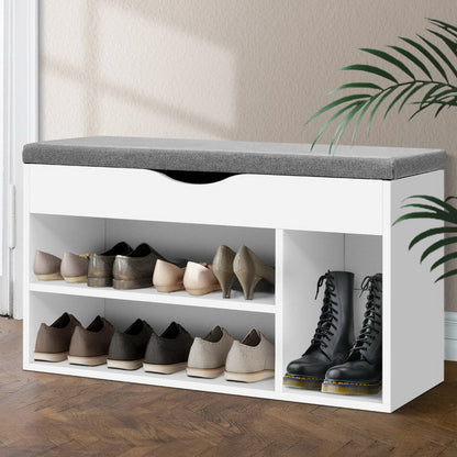 Schoenenbank met Opbergruimte en Zitkussen – Witte Schoenenkast voor 9 Paar 80 cm
