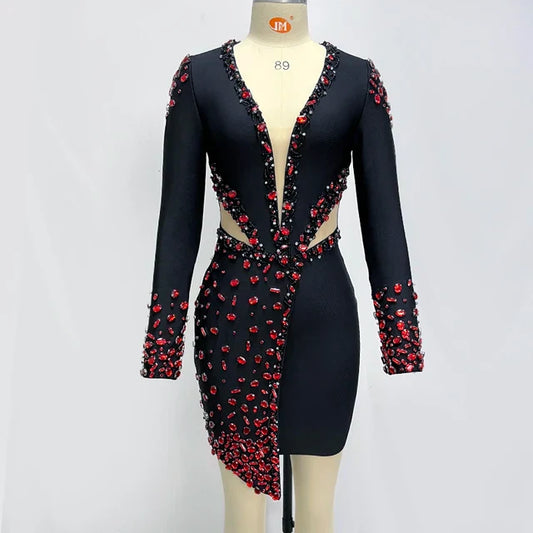 Elegante V-Hals Jurk met Lange Mouwen Zwart - StudioMarella