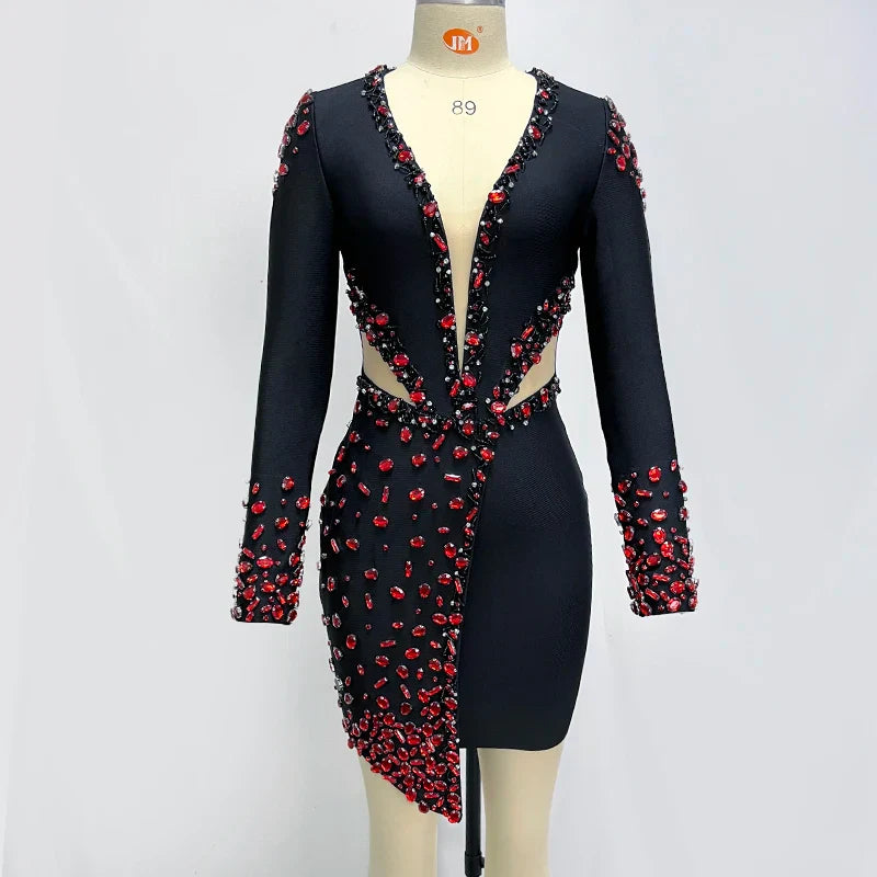 Elegante V-Hals Jurk met Lange Mouwen Zwart