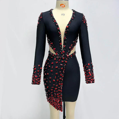 Elegante V-Hals Jurk met Lange Mouwen Zwart
