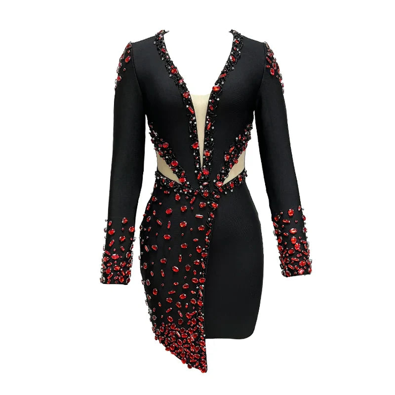 Elegante V-Hals Jurk met Lange Mouwen Zwart