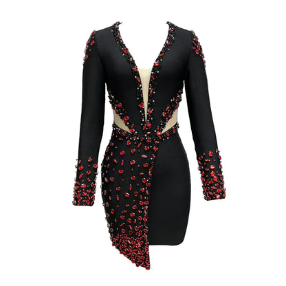Elegante V-Hals Jurk met Lange Mouwen Zwart