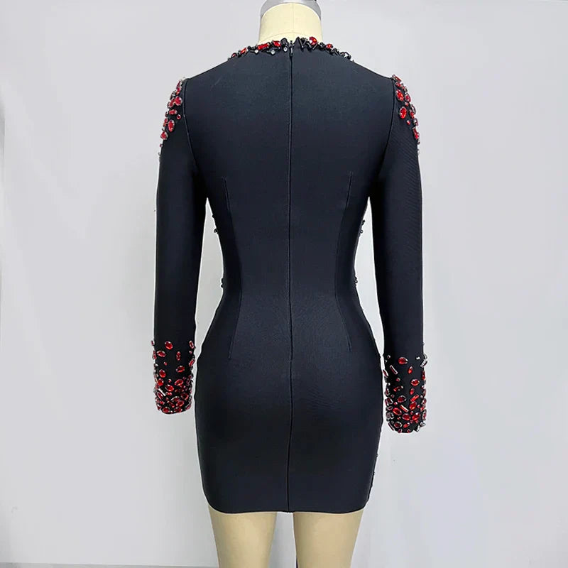 Elegante V-Hals Jurk met Lange Mouwen Zwart