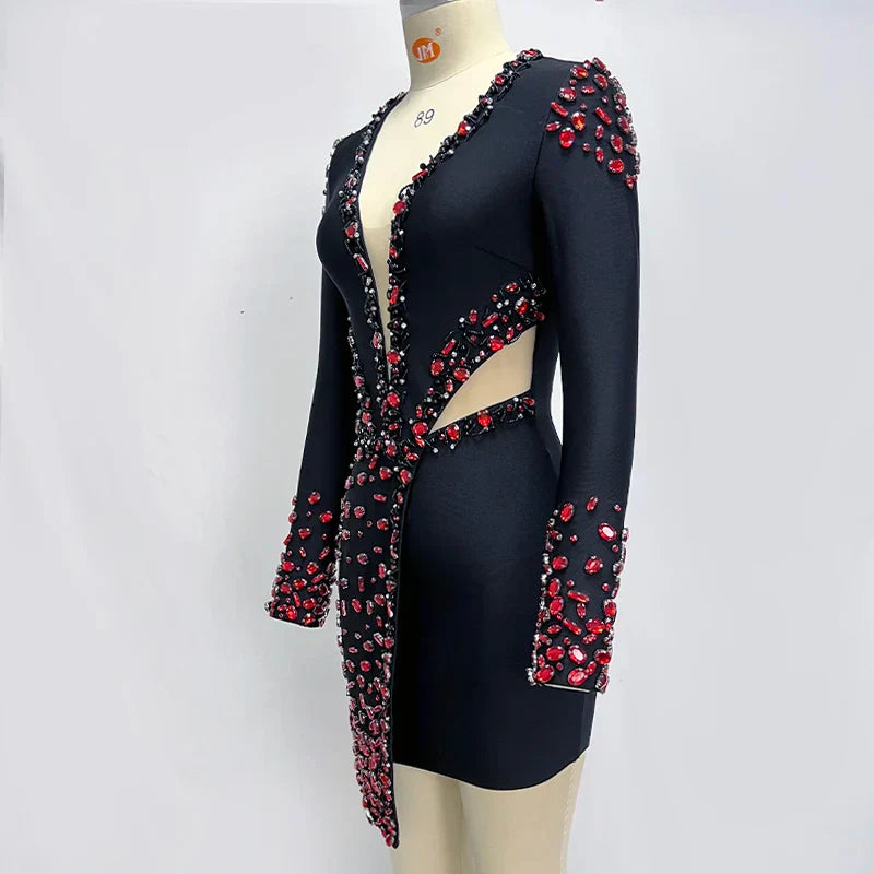 Elegante V-Hals Jurk met Lange Mouwen Zwart