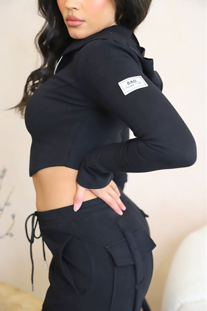Zachte Loungewear Set met Crop Hoodie en Joggers → Comfortabele Lounge Set met Crop Hoodie en Jogger Broek