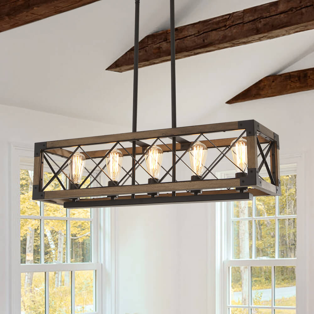 Hanglamp Rechthoek Hout Zwart 80cm 5 Lichts Eetkamer Keukeneiland Industrieel Farmhouse Chandelier Verstelbaar Pendellamp Woonkamer