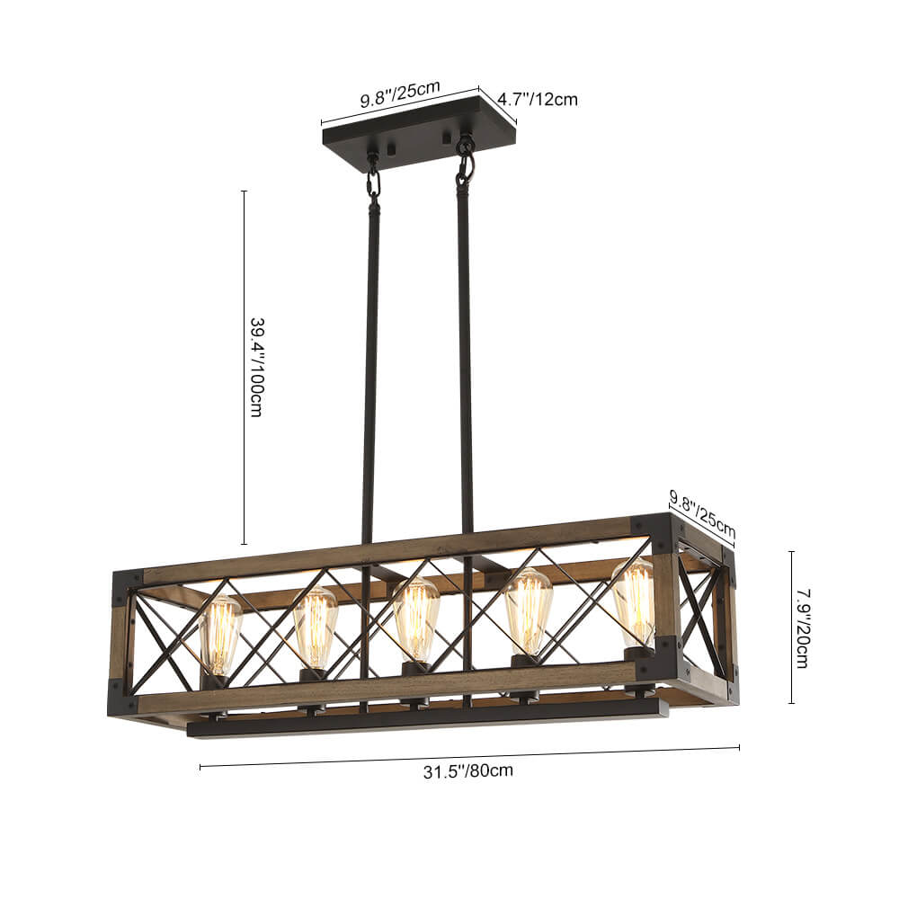 Hanglamp Rechthoek Hout Zwart 80cm 5 Lichts Eetkamer Keukeneiland Industrieel Farmhouse Chandelier Verstelbaar Pendellamp Woonkamer