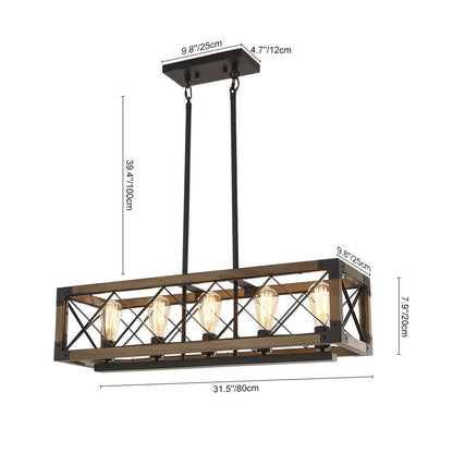 Hanglamp Rechthoek Hout Zwart 80cm 5 Lichts Eetkamer Keukeneiland Industrieel Farmhouse Chandelier Verstelbaar Pendellamp Woonkamer