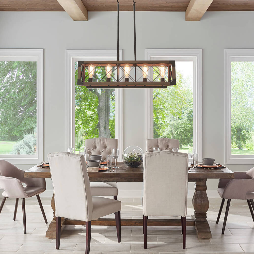 Hanglamp Rechthoek Hout Zwart 80cm 5 Lichts Eetkamer Keukeneiland Industrieel Farmhouse Chandelier Verstelbaar Pendellamp Woonkamer