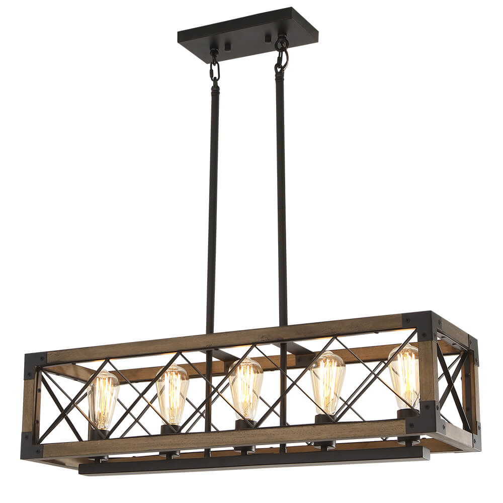 Hanglamp Rechthoek Hout Zwart 80cm 5 Lichts Eetkamer Keukeneiland Industrieel Farmhouse Chandelier Verstelbaar Pendellamp Woonkamer