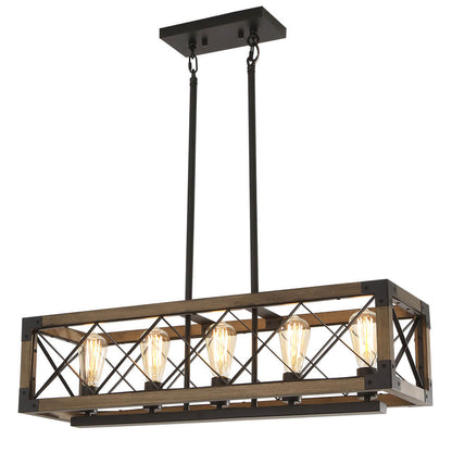 Hanglamp Rechthoek Hout Zwart 80cm 5 Lichts Eetkamer Keukeneiland Industrieel Farmhouse Chandelier Verstelbaar Pendellamp Woonkamer