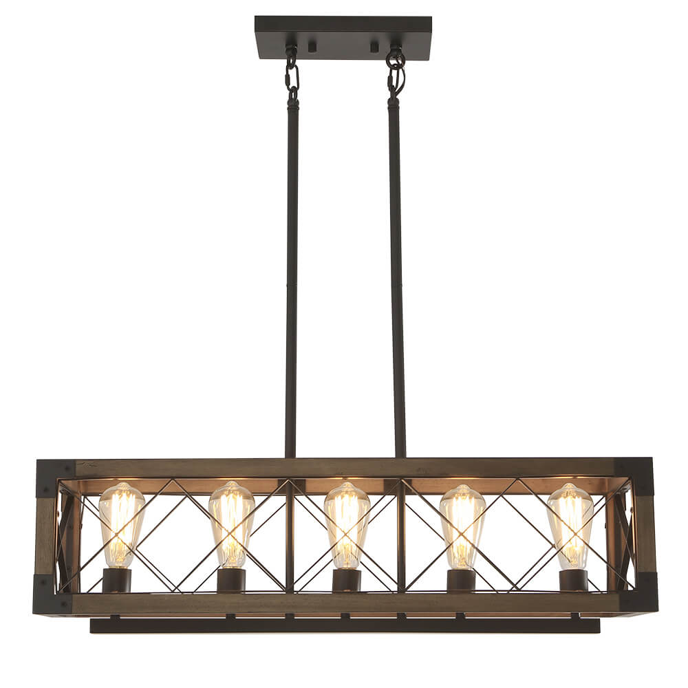 Hanglamp Rechthoek Hout Zwart 80cm 5 Lichts Eetkamer Keukeneiland Industrieel Farmhouse Chandelier Verstelbaar Pendellamp Woonkamer