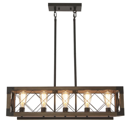 Hanglamp Rechthoek Hout Zwart 80cm 5 Lichts Eetkamer Keukeneiland Industrieel Farmhouse Chandelier Verstelbaar Pendellamp Woonkamer