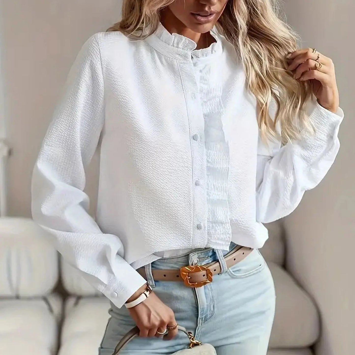 Vrouwelijke Kantoorblouse met Ruches Elegante Stijl