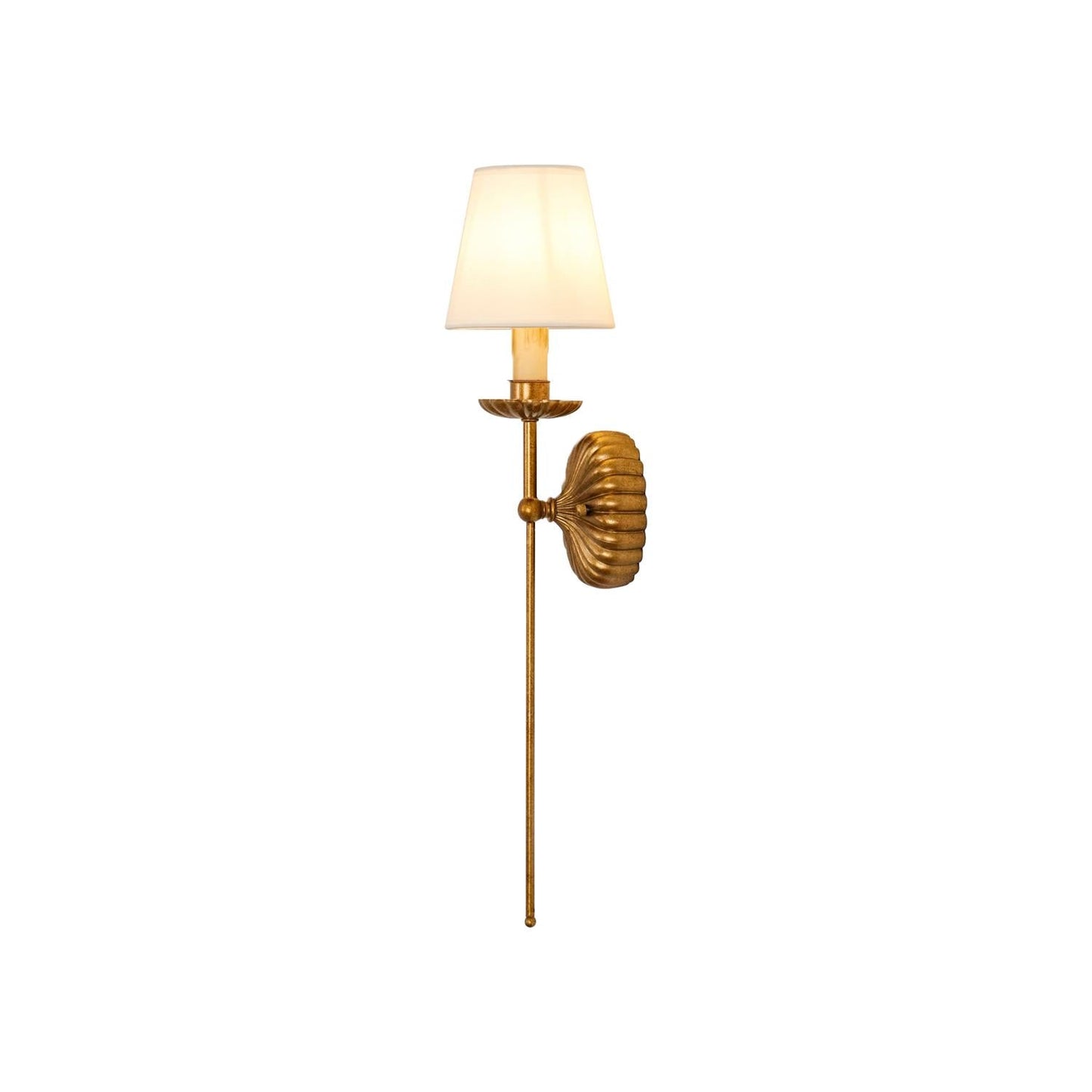 Luxe dubbele wandlamp met stoffen kap en antiek goud bladgoud afwerking voor hal en woonkamer
