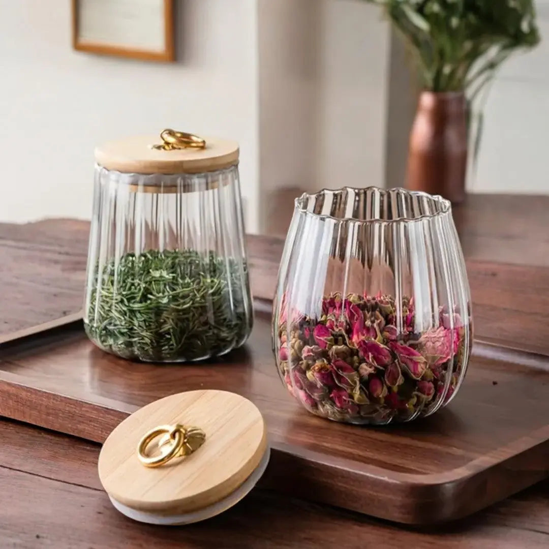 Glazen Voorraadpot Houten Deksel Goud Borosilicaat Thee Keuken Scandinavisch