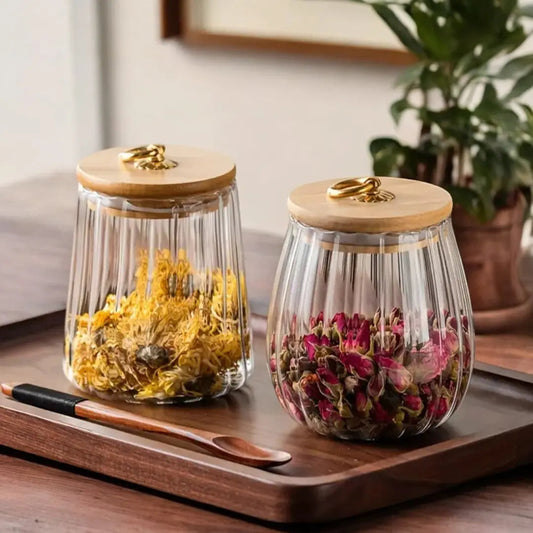 Glazen Voorraadpot Houten Deksel Goud Borosilicaat Thee Keuken Scandinavisch