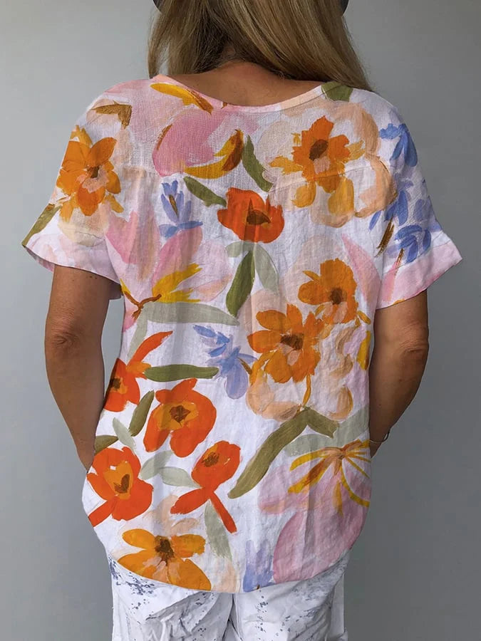 Vrouwelijke Linnen Top met Bloemenprint Zomerse Stijl - StudioMarella