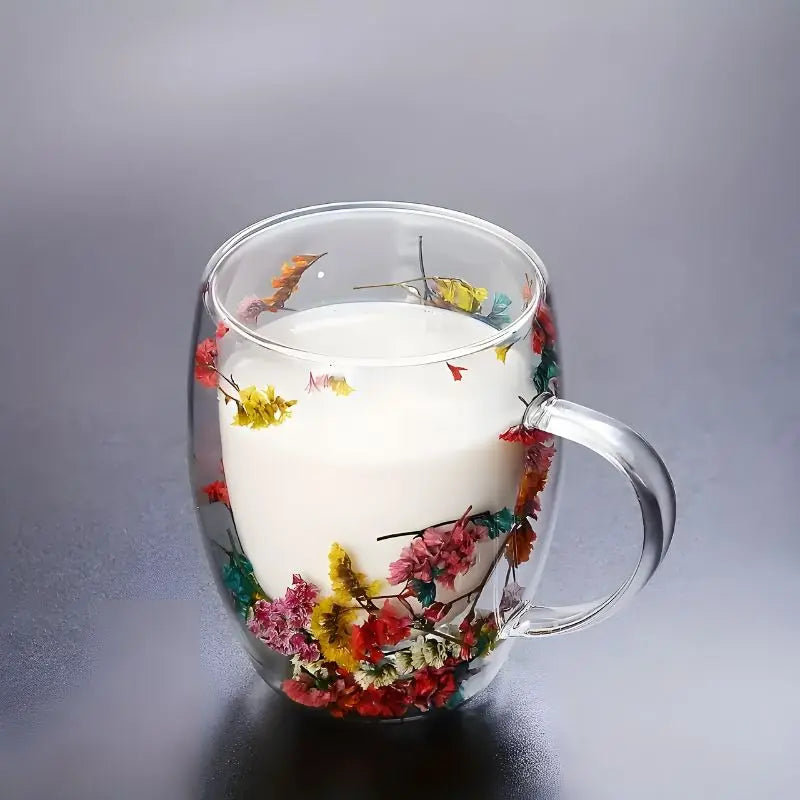 Glazen Dubbelwandige Bloemen Mok 350ml Koffie Thee Cadeau Elegant Transparant