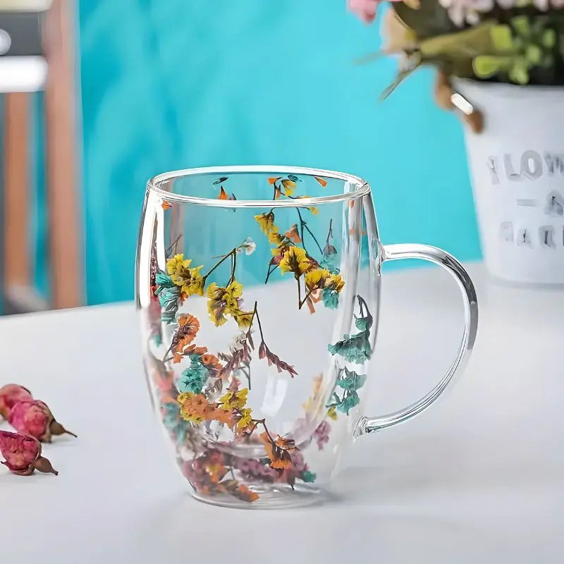 Glazen Dubbelwandige Bloemen Mok 350ml Koffie Thee Cadeau Elegant Transparant