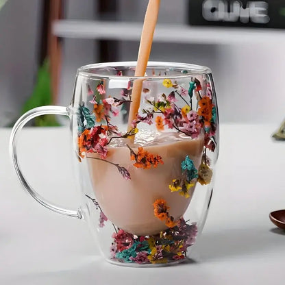 Glazen Dubbelwandige Bloemen Mok 350ml Koffie Thee Cadeau Elegant Transparant