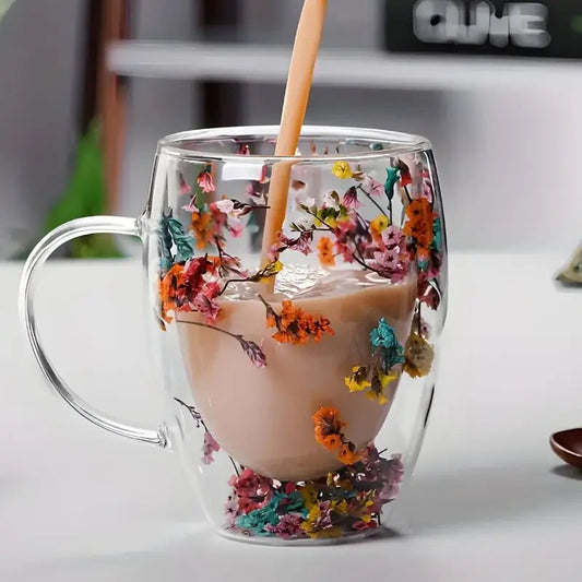 Glazen Dubbelwandige Bloemen Mok 350ml Koffie Thee Cadeau Elegant Transparant