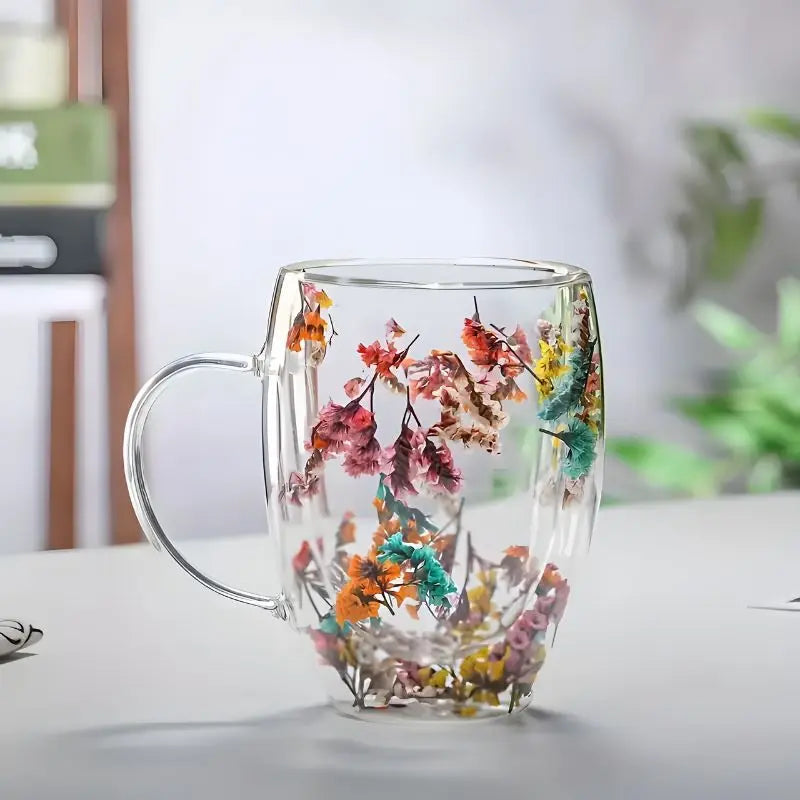 Glazen Dubbelwandige Bloemen Mok 350ml Koffie Thee Cadeau Elegant Transparant