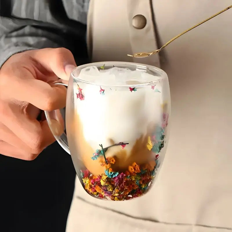 Glazen Dubbelwandige Bloemen Mok 350ml Koffie Thee Cadeau Elegant Transparant