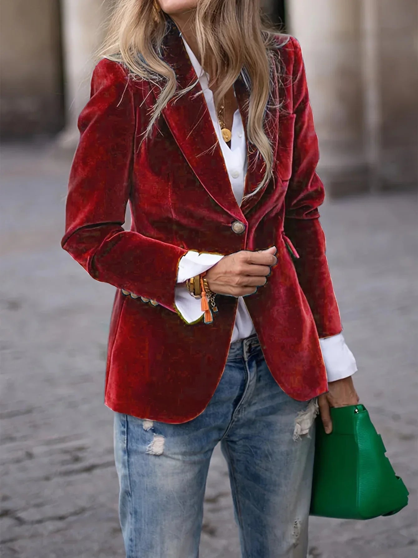 Dames Blazer Smalle Pasvorm Fluwelen Stof Gouden Knopen - StudioMarella