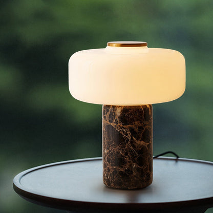 Oplaadbare Marmeren Tafellamp met Opaalglaskapje – Dimbaar Draadloos Sfeerlicht met Natuursteen Basis voor Woonkamer Slaapkamer Luxe Interieur