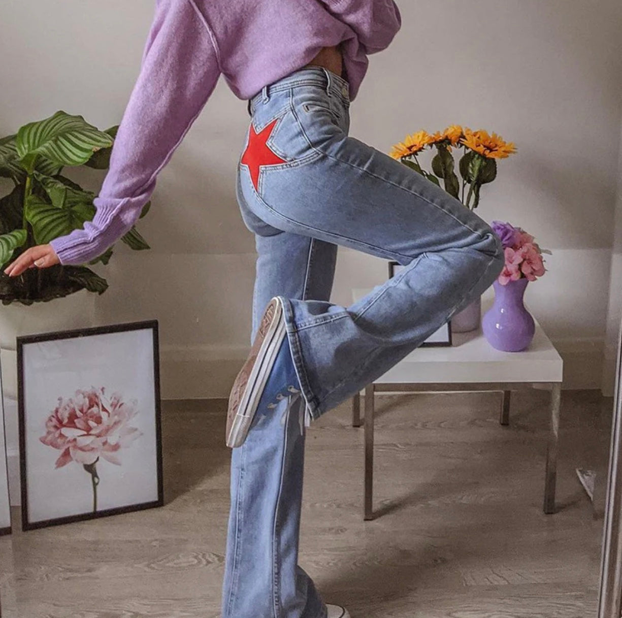 Hoge Taille Flared Jeans Rode Sterrenprint