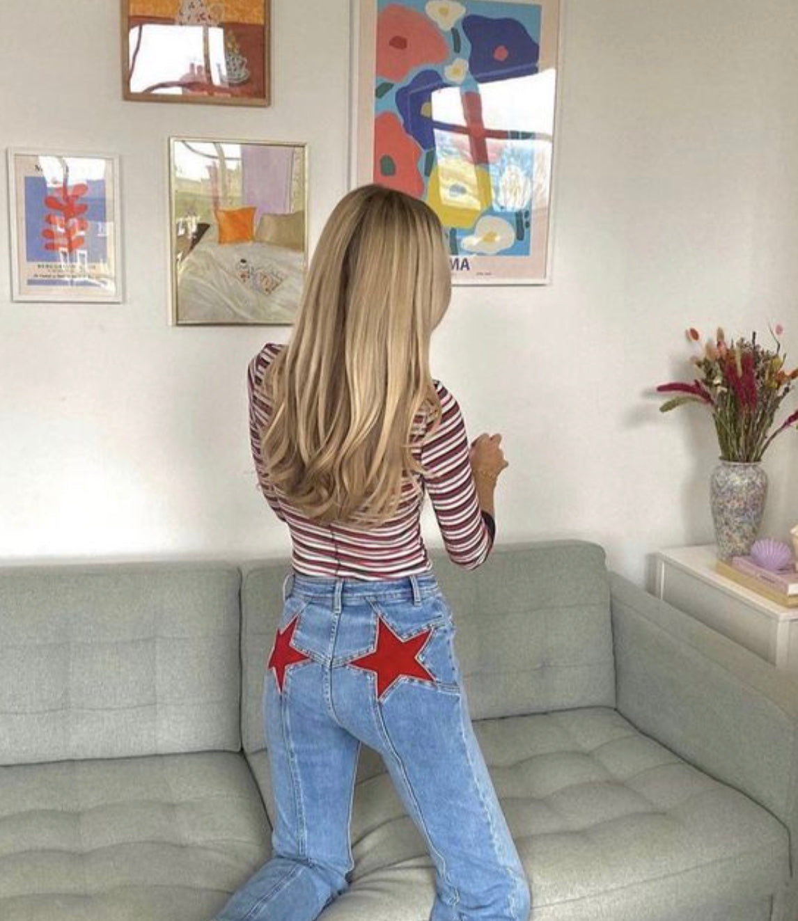 Hoge Taille Flared Jeans Rode Sterrenprint - StudioMarella