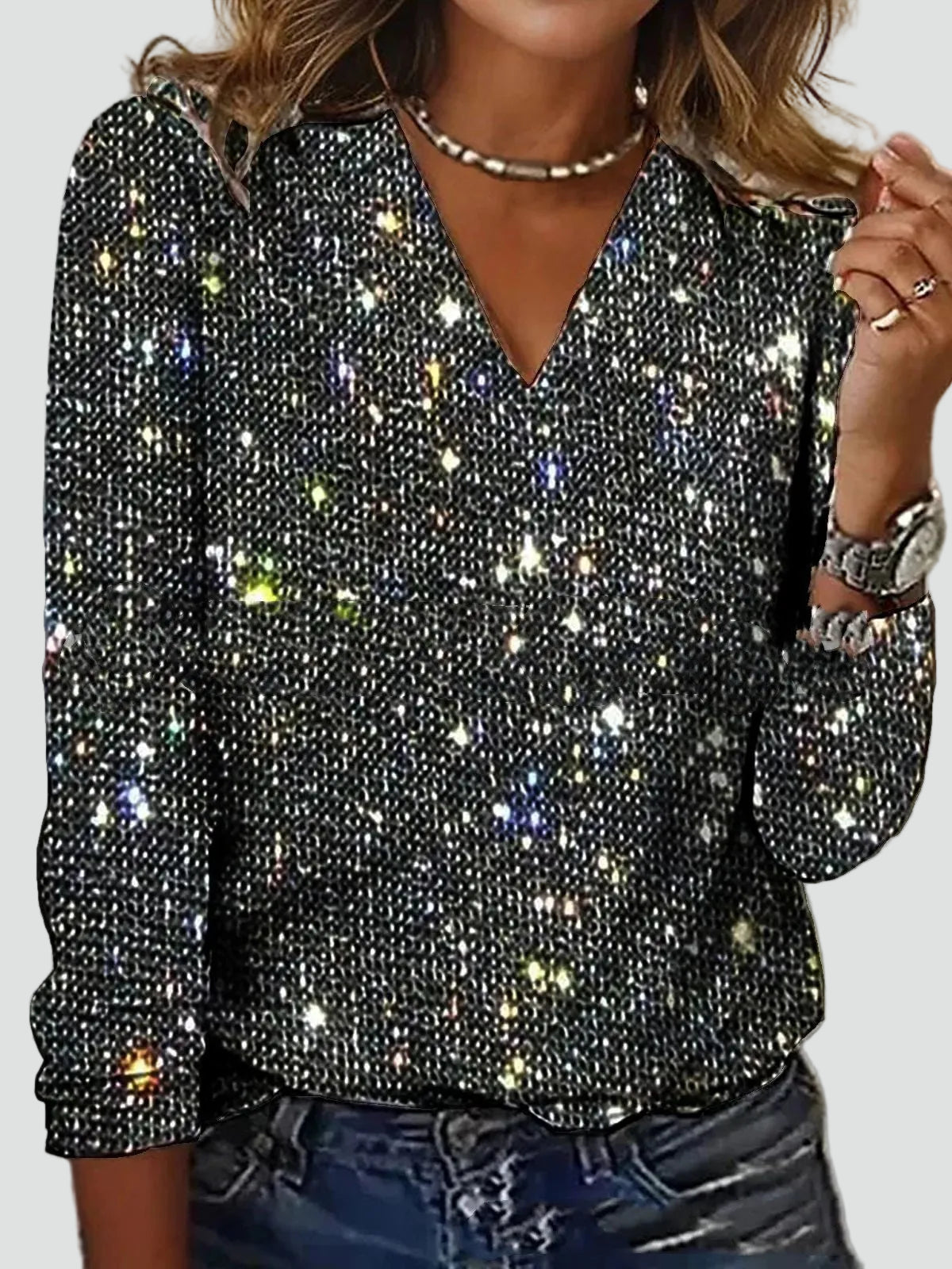 Dames Blouse Pailletten Lange Mouwen V-Hals Glamour - StudioMarella