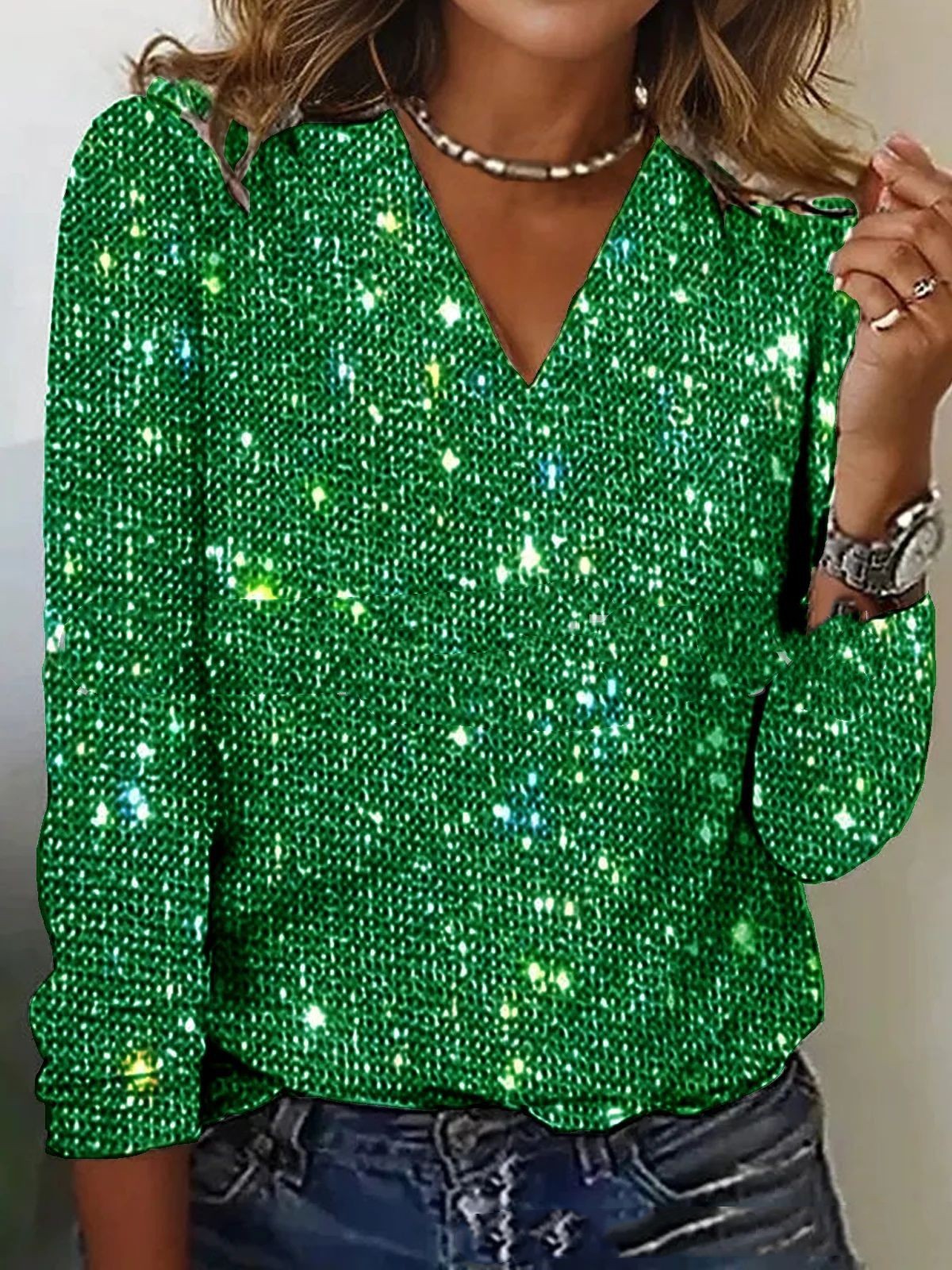Dames Blouse Pailletten Lange Mouwen V-Hals Glamour