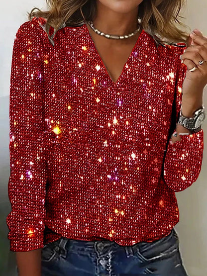 Dames Blouse Pailletten Lange Mouwen V-Hals Glamour