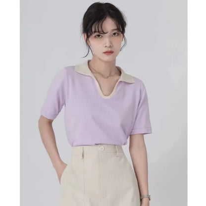 V-Hals Top Korte Mouw Zijde Look