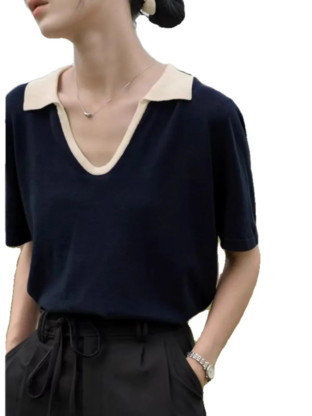 V-Hals Top Korte Mouw Zijde Look