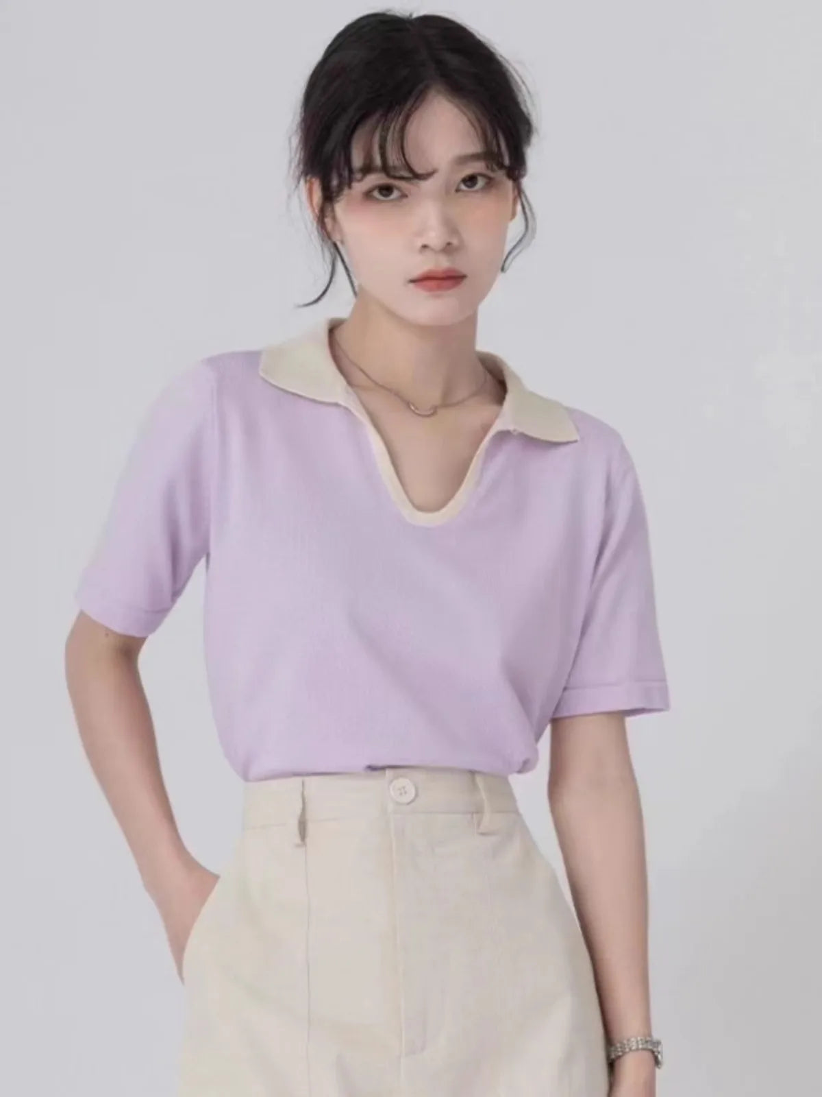 V-Hals Top Korte Mouw Zijde Look