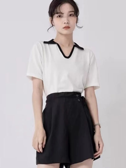 V-Hals Top Korte Mouw Zijde Look