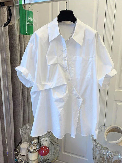 Korte Mouw Shirt voor Vrouwen Franse Stijl Geplooid
