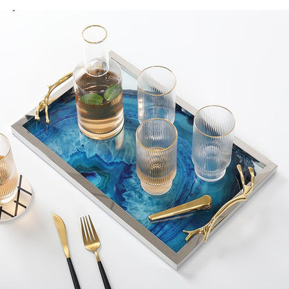 Decoratief Dienblad met Blauwe Agaatpatroon – Elegant Serveerblad met Glazen Inleg en Edelstalen Rand – Uniek Natuursteen Design voor Tafel en Interieur