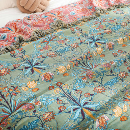 Katoenen Wenddeken met Bloemenweving en Kwasten – Zachte Jacquardplaid voor Bed en Bank