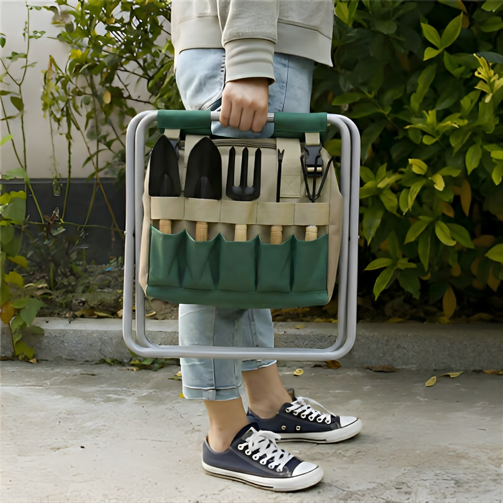 Tuin Gereedschap Set 6 Delig Met Opvouwbare Kruk En Tas