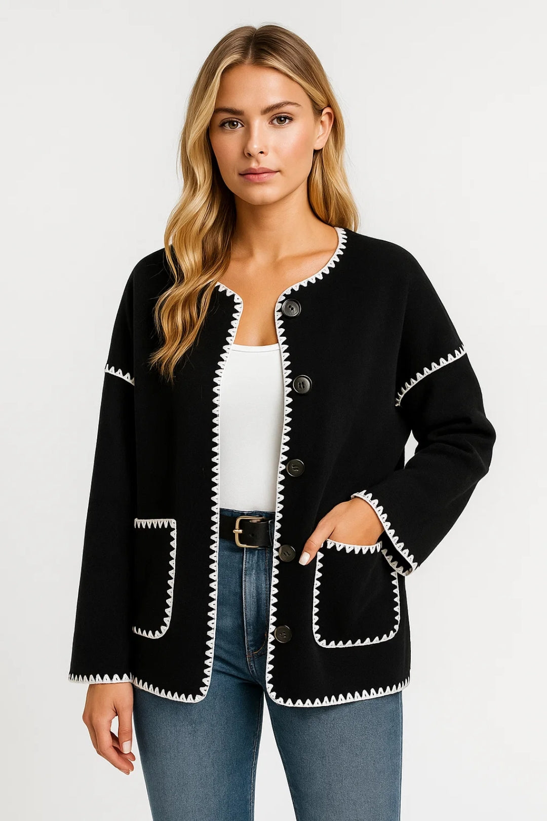 Dames Jas met Contrasterende Biezen Chique Snit - StudioMarella