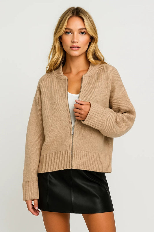 Dames Vest - Oversized Cardigan met Ronde Hals en Rits - StudioMarella