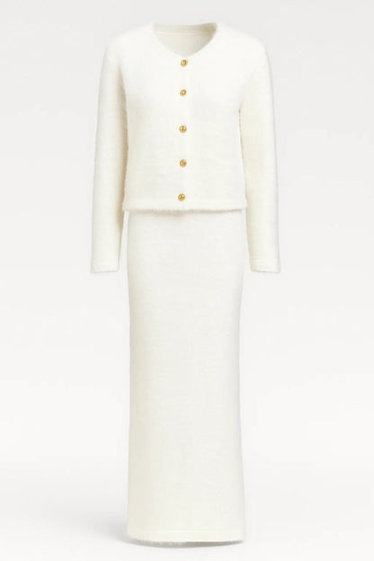 Dames Set - Cardigan en Midi Rok met Gouden Knopen Chique