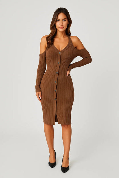 Midi Jurk Dames Off Shoulder Knoopsluiting Elegante Zomerjurk - StudioMarella